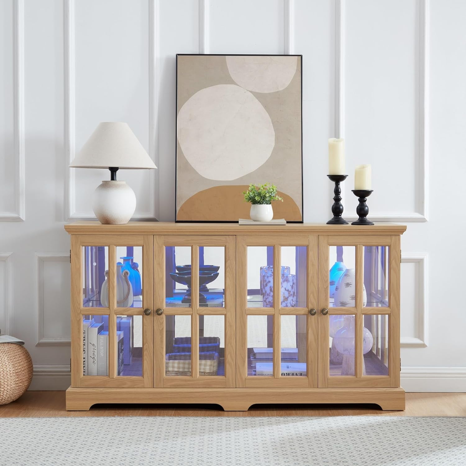 59" W LED Glass Display with 7 Color Lights, Vintage Curio Cabinet with 4 Glass Doors and Adjustable Shelves, Wooden China Case with Smartphone-Controlled for Living Room (Oak)