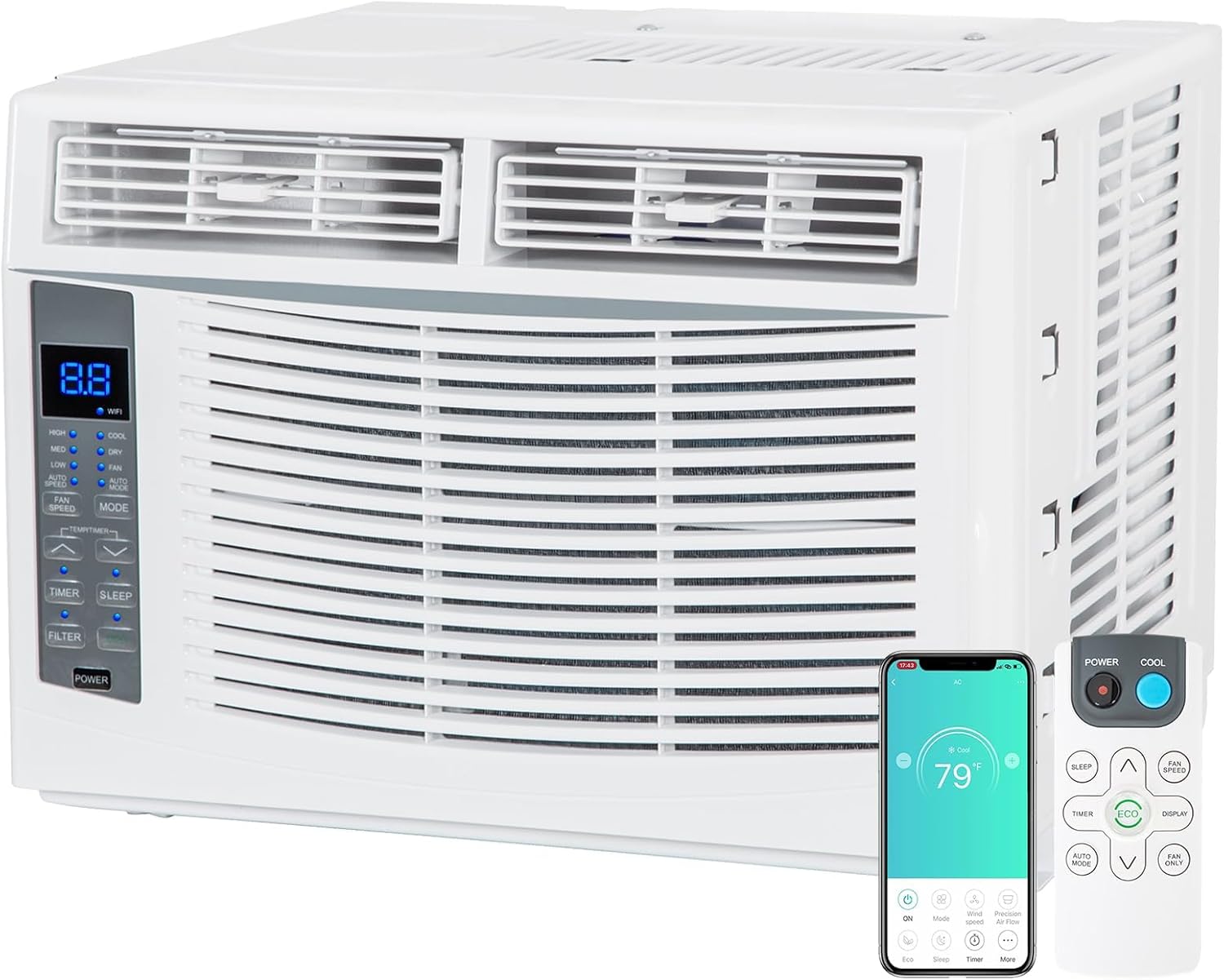 6,000 BTU WiFi Window Air Conditioner, Smart App & Remote Control, Energy Efficient Cooling for Rooms Up to 250 Sq.Ft., Complete Installation Kit