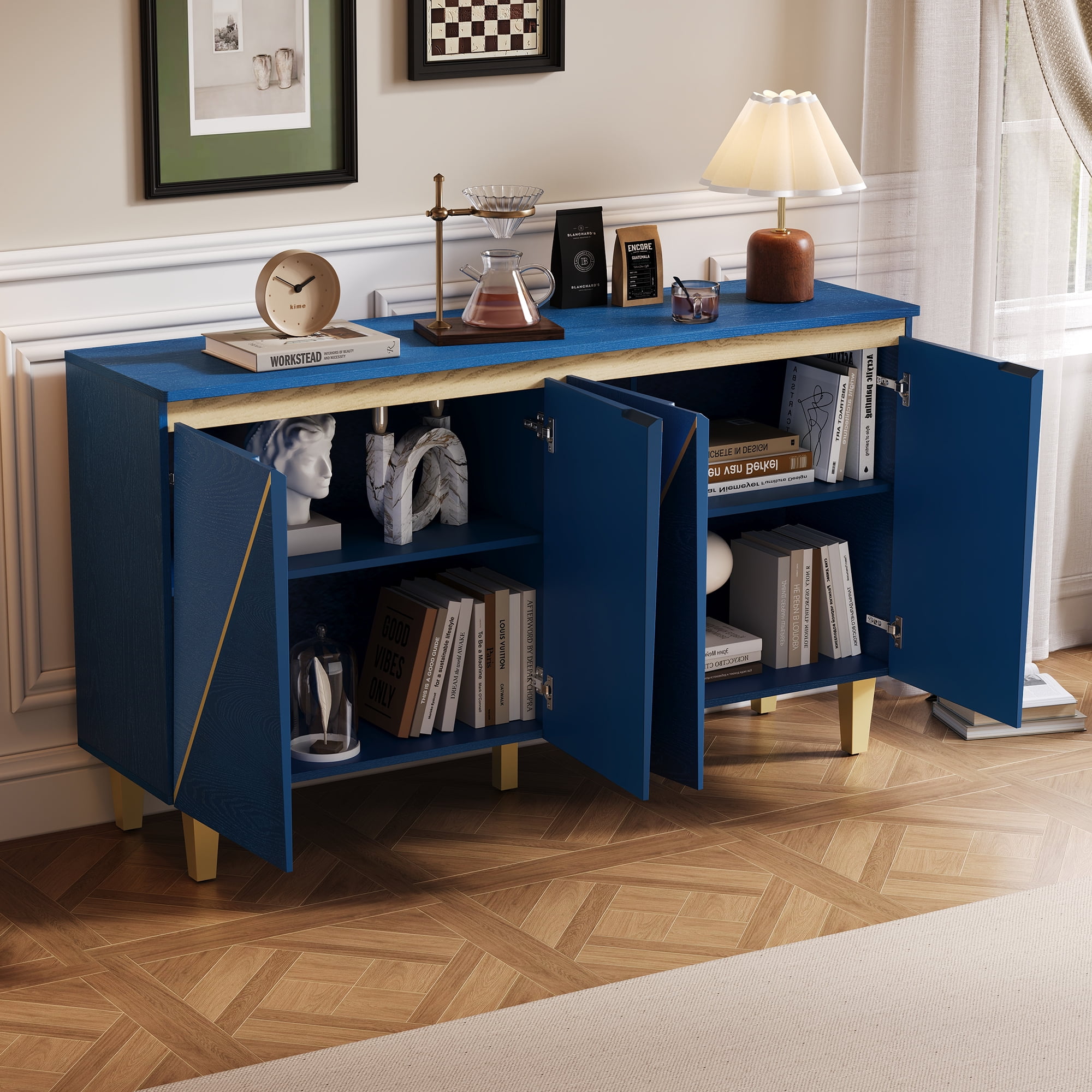 60" Retro Buffet Cabinet with Storage, Vintage Sideboard with Dimensional Effect Doors, Adjustable Shelves & Soft-Close Hinges for Dining Room, Kitchen, Living Room, Navy