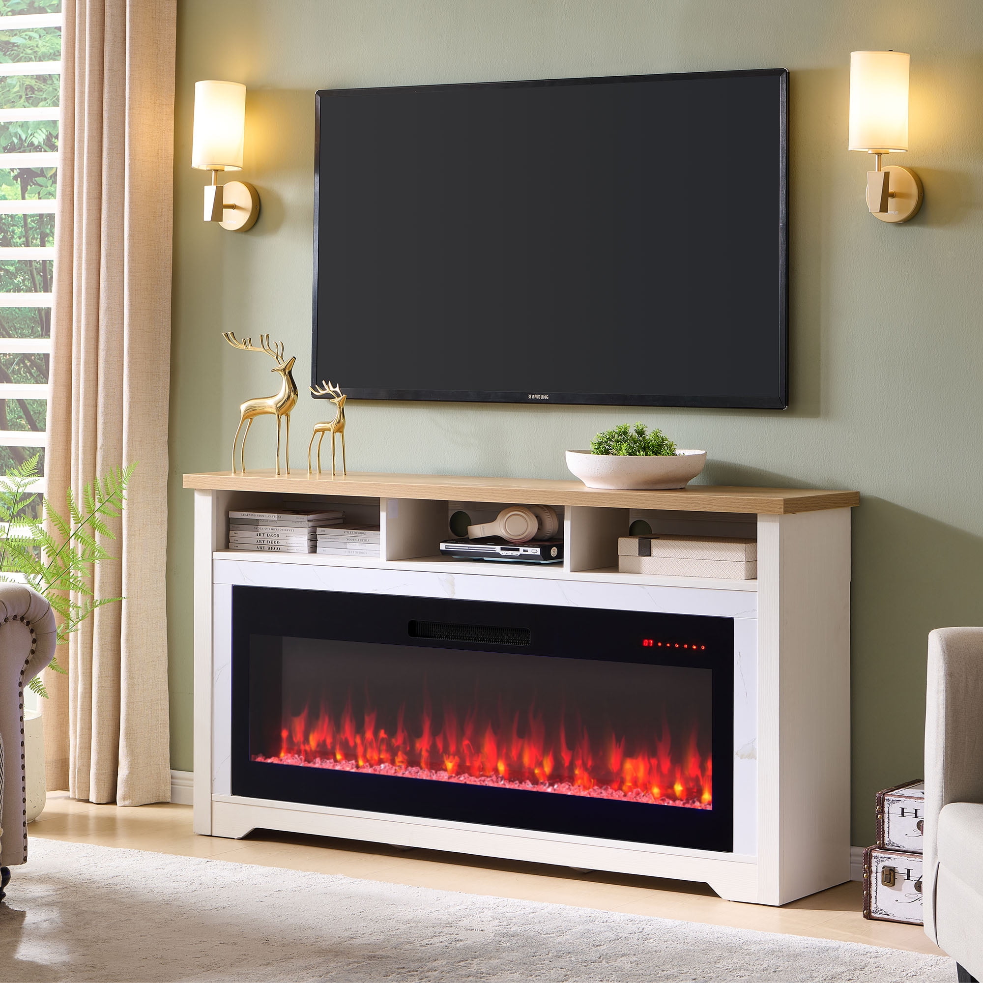 60" Smart Electric Fireplace TV Stand for 70" TVs - 16-Color 3D Flame, 1400W Heater, Voice/Wi-Fi Control, White Media Console with Storage