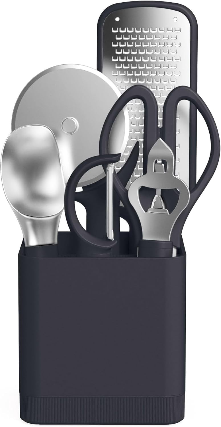 7-piece modular tool set, including a grater, pizza cutter, ice cream scoop, peeler, scissors, bottle opener, and a jar with removable dividers, dishwasher safe, slate color
