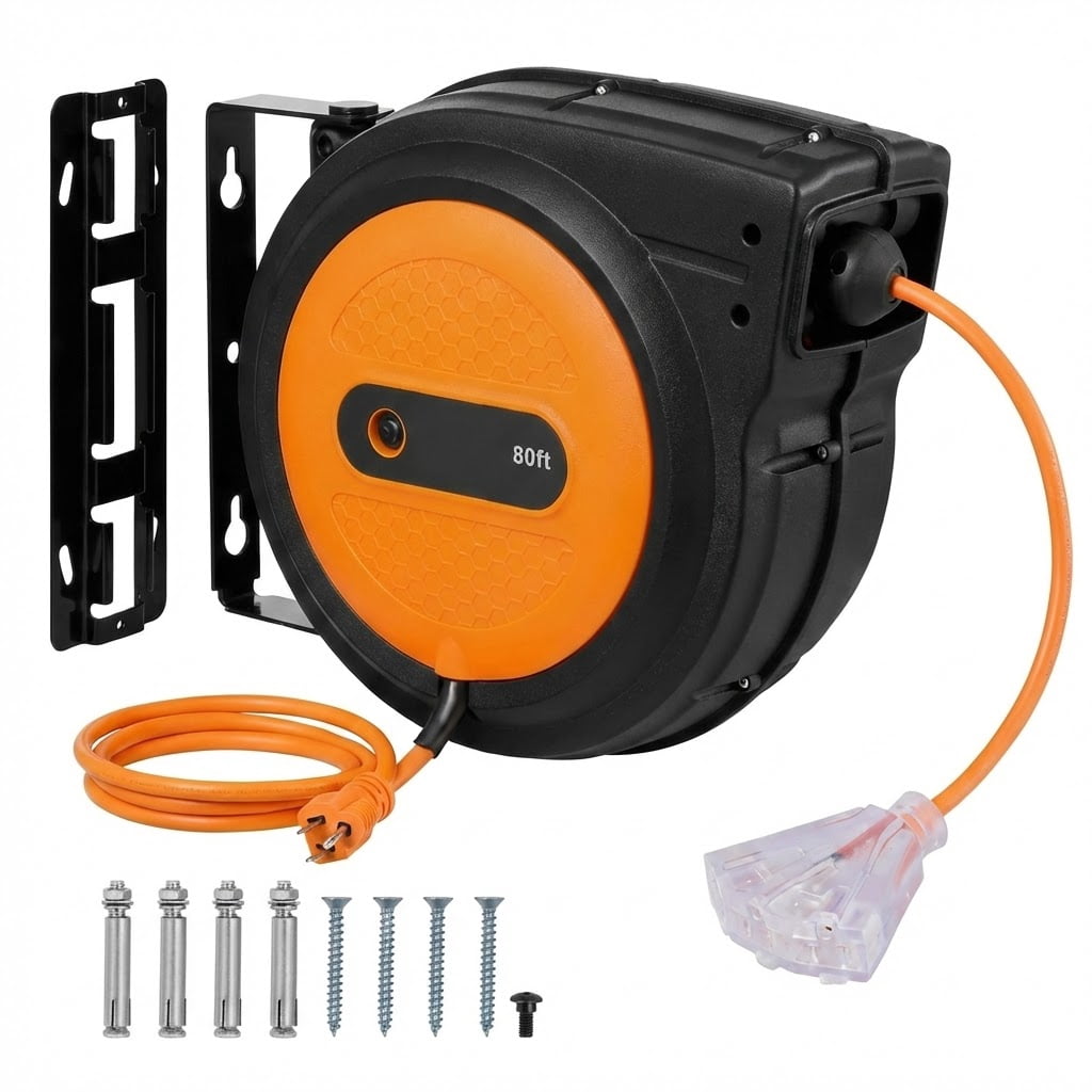 80FT Heavy Duty Retractable Extension Cord Reel, 12AWG/3C SJTOW with Lighted Triple Outlet, 15A Breaker & 180° Swivel Bracket