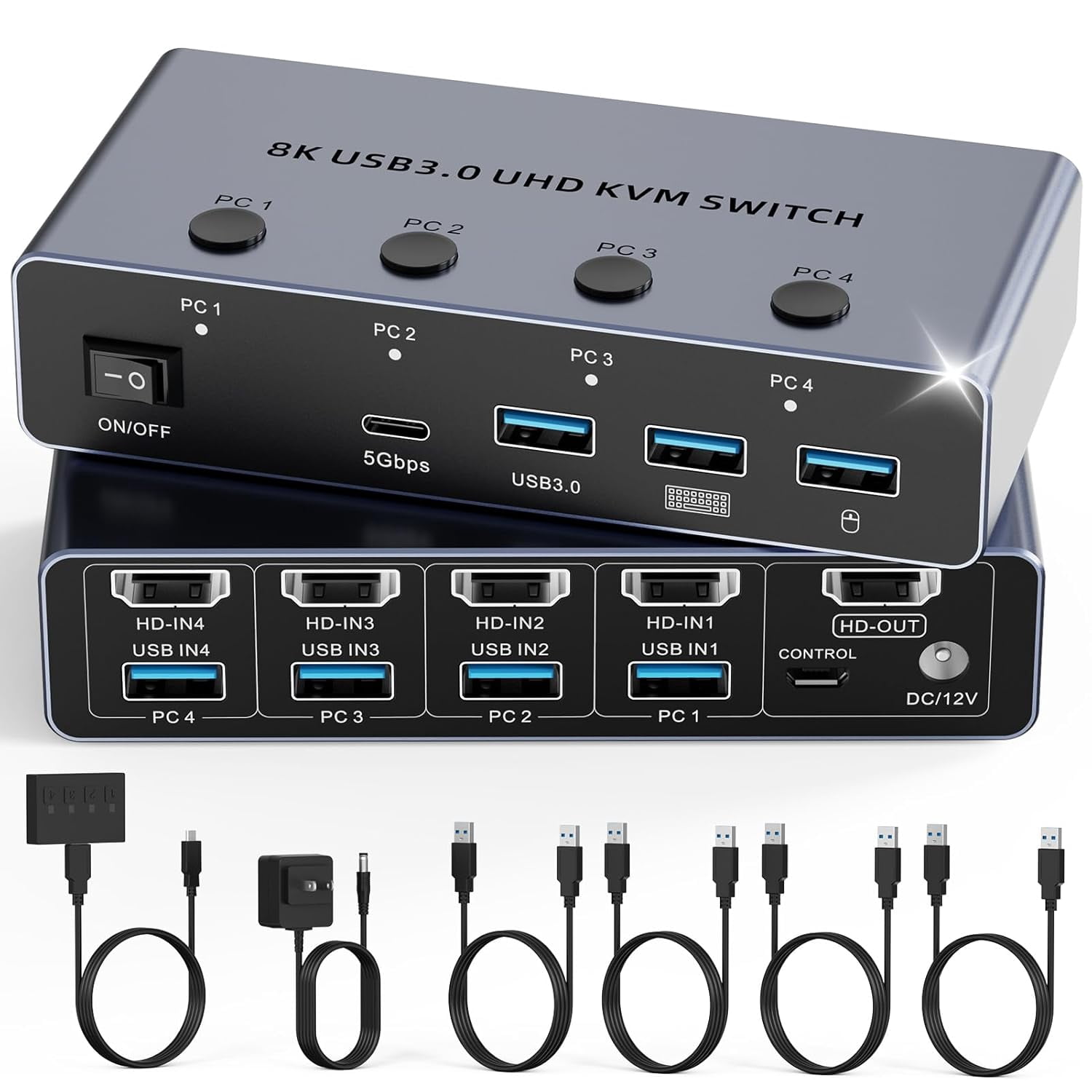 82.1 switcher 4 computers 1 monitor, 4-port 3.0 switcher with 3 - and 1 -, supports 4@1208@60, adaptive and 2.3, comes with wired remote control and 4x 3.0 cables