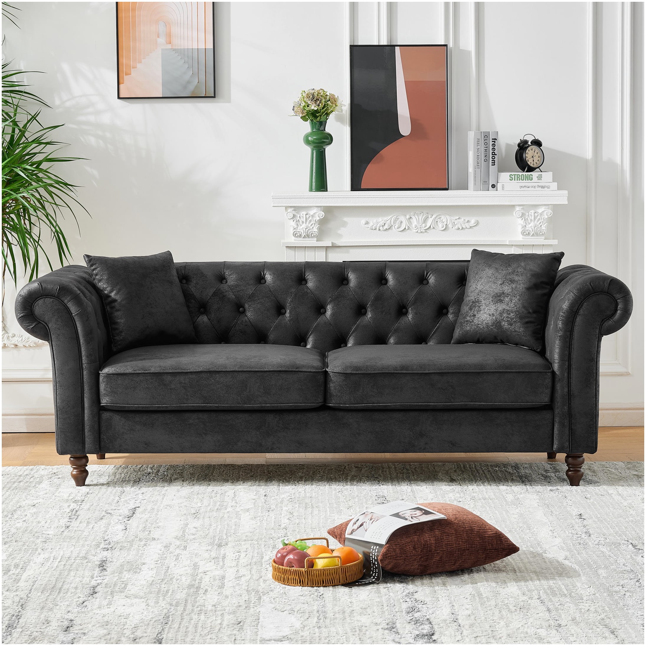 83" Modern Chesterfield Sofa in Black Tech Fabric, 3-Seater Couch with Roll Arms for Living Room & Apartment