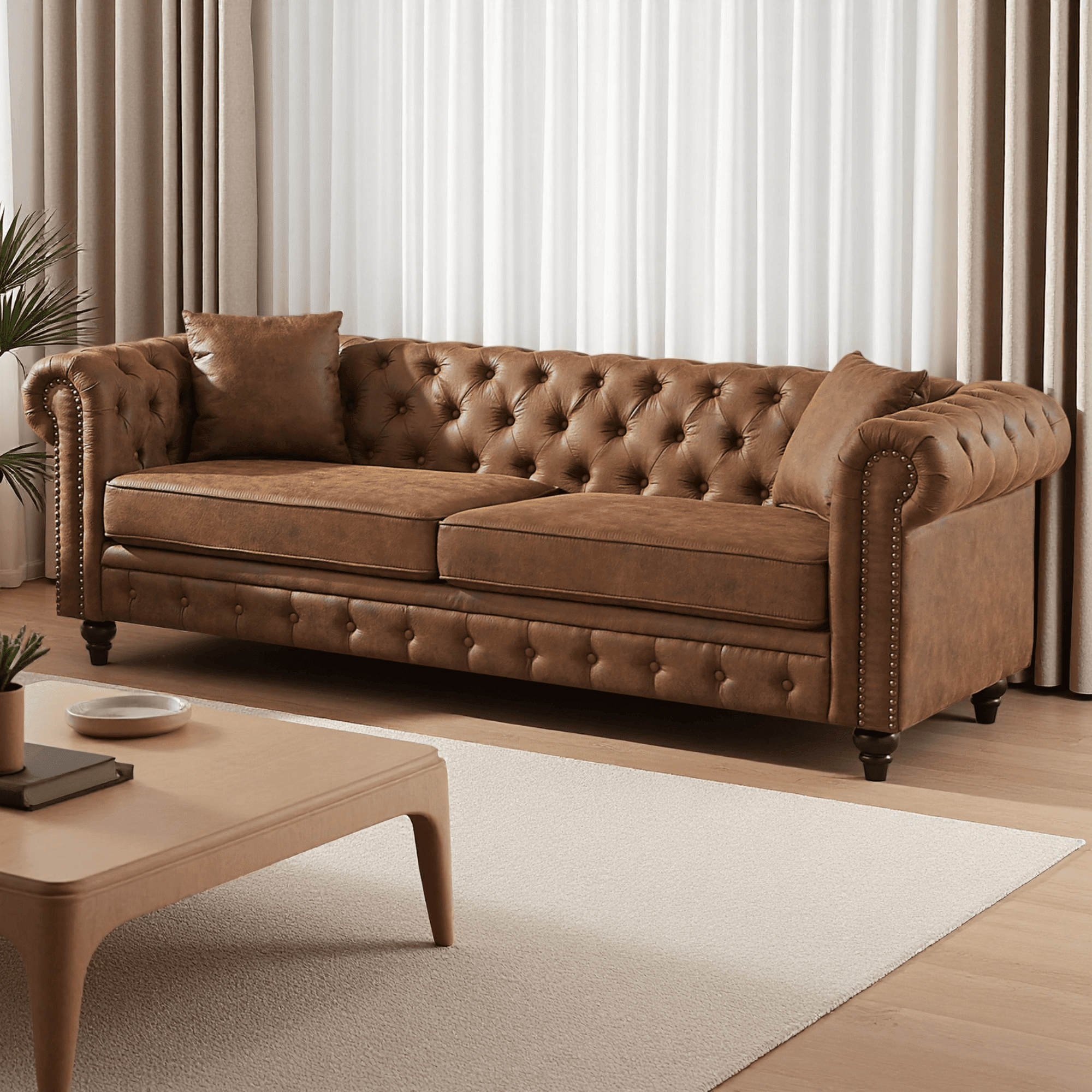 85.5" Rolled Arm 3 Seater Sofa, Tech Fabric Performance Couch with Button Tufted Design, Heavy Duty Wood Frame 750lbs Capacity, Brown